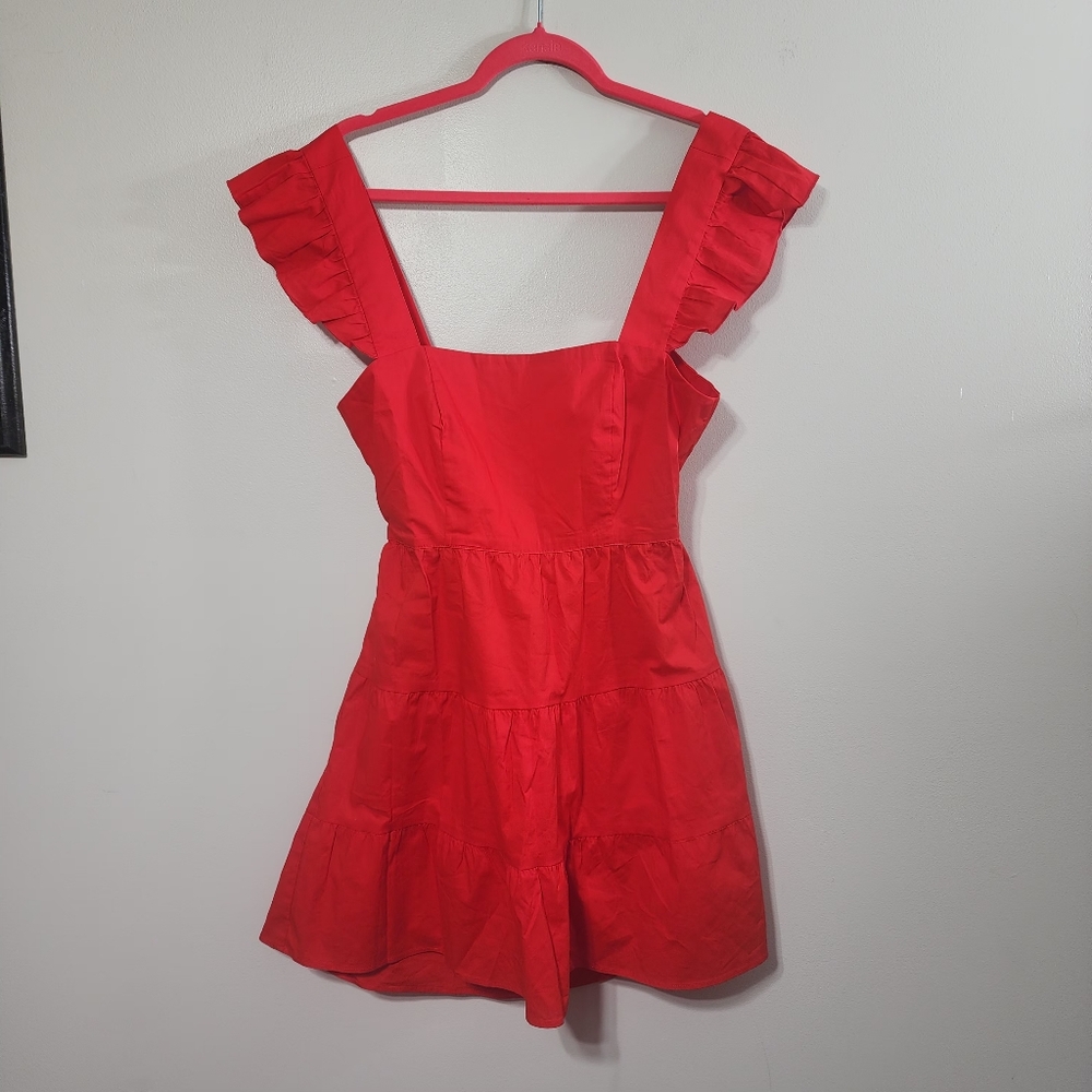 Show Me Your MuMu Lovely Mini Dress Red Poplin Ruffle Straps Tie Back - Picture 5 of 8